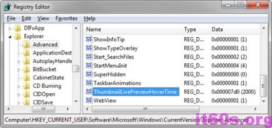 Thủ thuật giảm hoặc tăng thời gian của Taskbar Thumbnail Preview