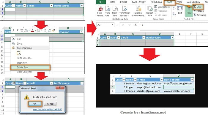 an hoac xoa hang trong Excel 9jpg