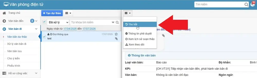 Cách thu hồi một văn bản trên văn phòng điện tử IDESK 2 thu hoi van ban idesk 1